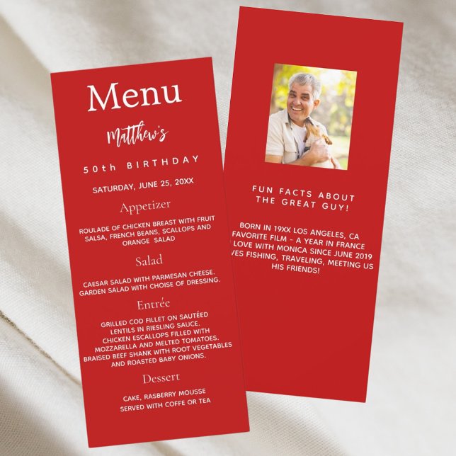 Red photo fun facts birthday menu card (Creator Uploaded)