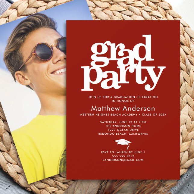 Red Photo Grad Party Bold Typography Minimalist Invitation (Creator Uploaded)
