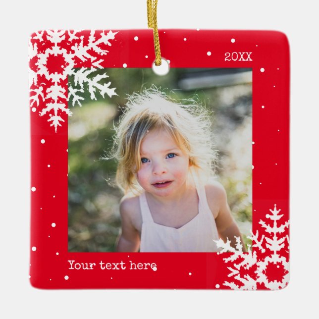 Red Photo Holiday Ornament with Snowflakes (Front)