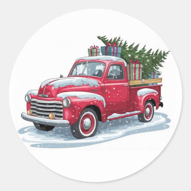 Red Pickup and Christmas Tree Classic Round Sticker (Front)