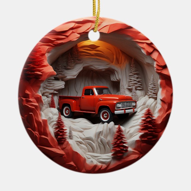Red Pickup Ceramic Ornament (Front)