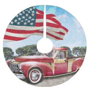 Red Pickup Truck: American Flag Vintage Brushed Polyester Tree Skirt
