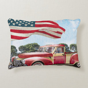 Red Pickup Truck: American Flag Vintage Decorative Cushion