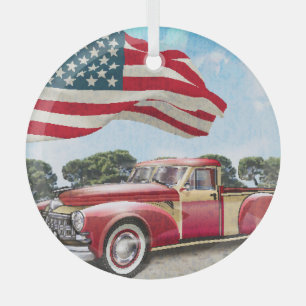 Red Pickup Truck: American Flag Vintage Glass Tree Decoration