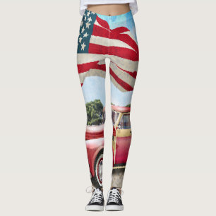 Red Pickup Truck: American Flag Vintage Leggings