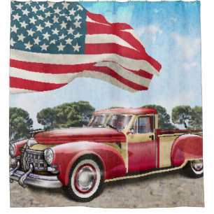 Red Pickup Truck: American Flag Vintage Shower Curtain