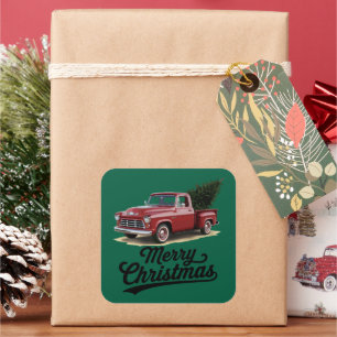Red Pickup Truck Christmas Tree Vintage Xmas Square Sticker