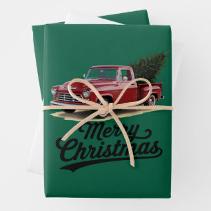 Red Pickup Truck Christmas Tree Vintage Xmas Wrapping Paper Sheet