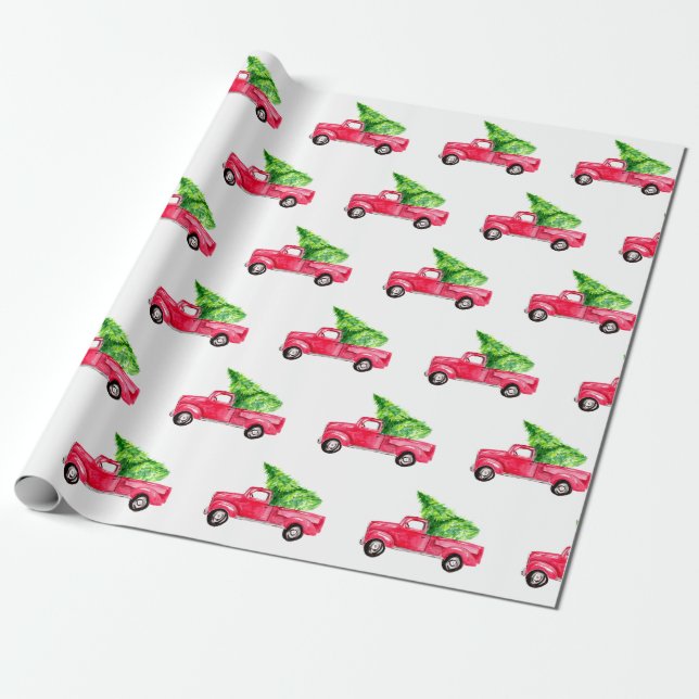 Red Pickup Truck Christmas Tree Watercolor Cute Wrapping Paper (Unrolled)