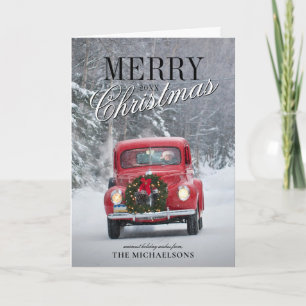 Red Pickup Truck Driving in Snow Holiday Card