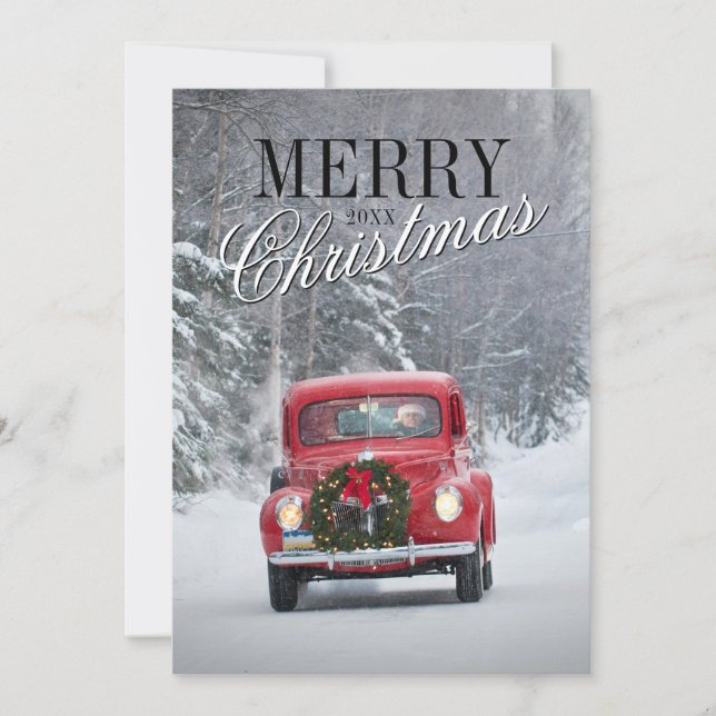 Red Pickup Truck Driving in Snow Holiday Card (Front)