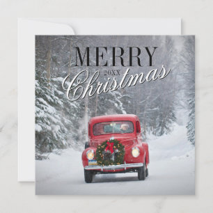 Red Pickup Truck Driving in Snow Holiday Card