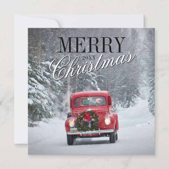 Red Pickup Truck Driving in Snow Holiday Card (Front)