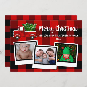 Red Pickup Truck Merry Christmas Family 3 Photo Invitation