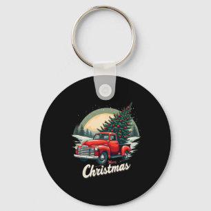 Red Pickup Truck Merry Christmas Tree Winter Holid Key Ring