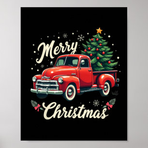 Red Pickup Truck Merry Christmas Tree Winter Holid Poster