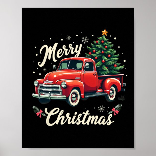 Red Pickup Truck Merry Christmas Tree Winter Holid Poster (Front)