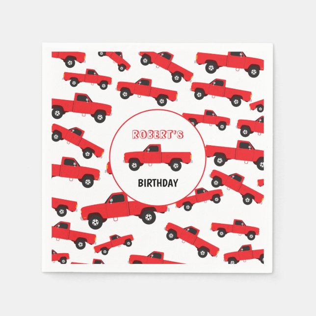 Red Pickup Truck Transportation Trucks Birthday Napkin (Front)