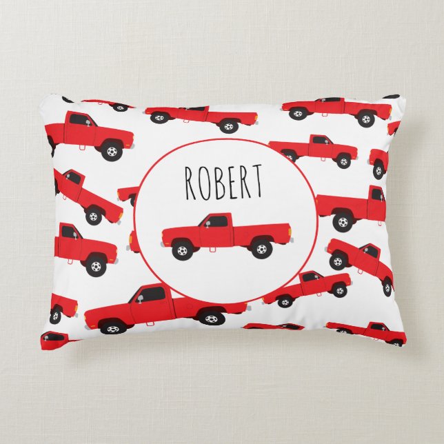 Red Pickup Truck Transportation Trucks Boys Name Decorative Cushion (Front)