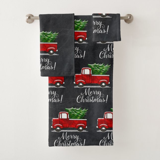 Red Pickup Truck Tree Merry Christmas Country Bath Towel Set (Insitu)