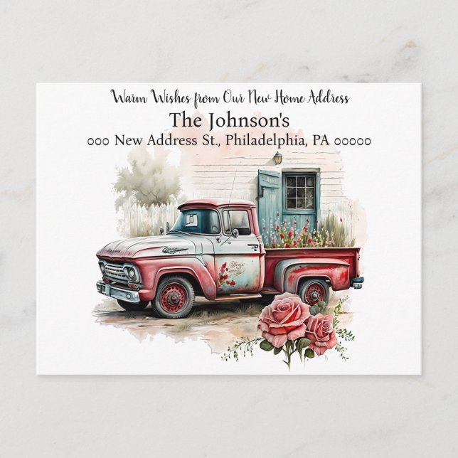 Red Pickup Truck We've Moved Postcard (Front)