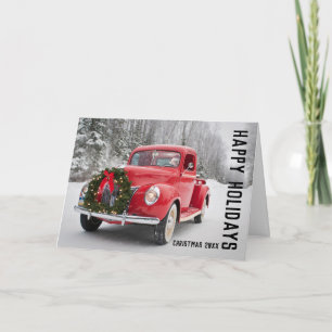 Red Pickup Truck with Christmas Wreath Holiday Card