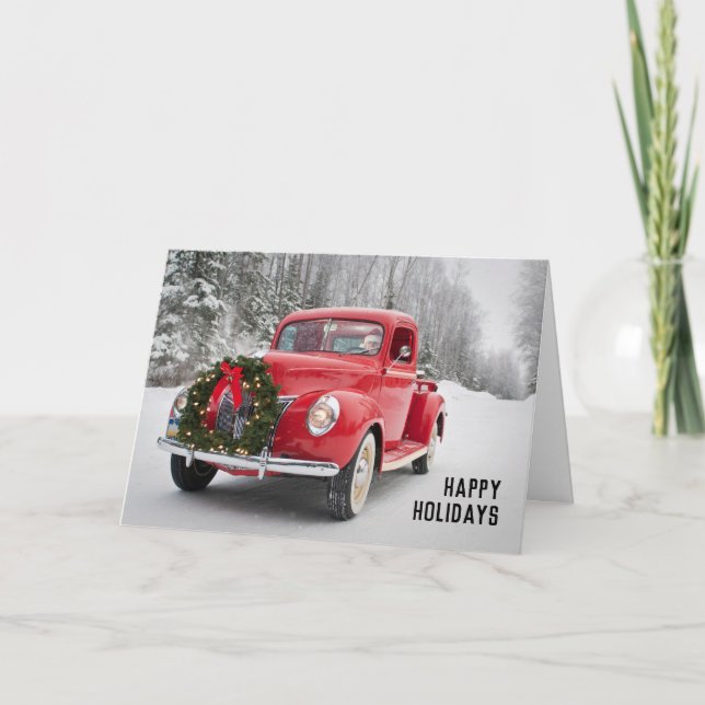 Red Pickup Truck with Christmas Wreath Holiday Card (Front)