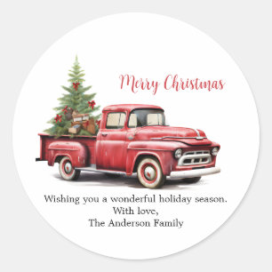 Red Pickup Truck with Tree in Back Christmas Card Classic Round Sticker