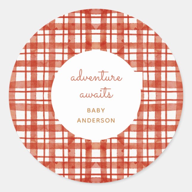 Red Picnic Plaid Adventure Awaits Fall Baby Shower Classic Round Sticker (Front)