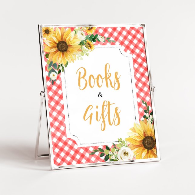 Red Picnic Sunflower Baby Shower Books and Gifts Poster (Floral Picnic Baby Shower Books and Gifts Sign)