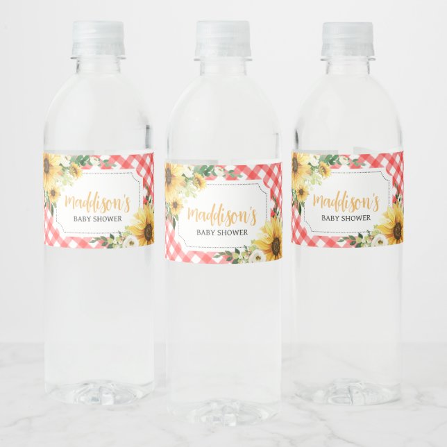 Red Picnic Sunflower Baby Shower  Water Bottle Label (Bottles)