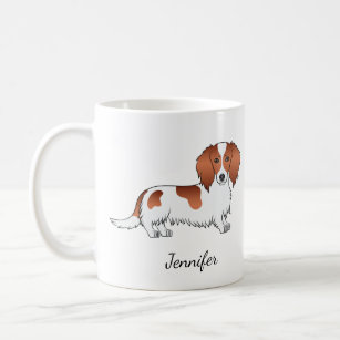 Red Piebald Long Hair Dachshund Cartoon Dog & Name Coffee Mug