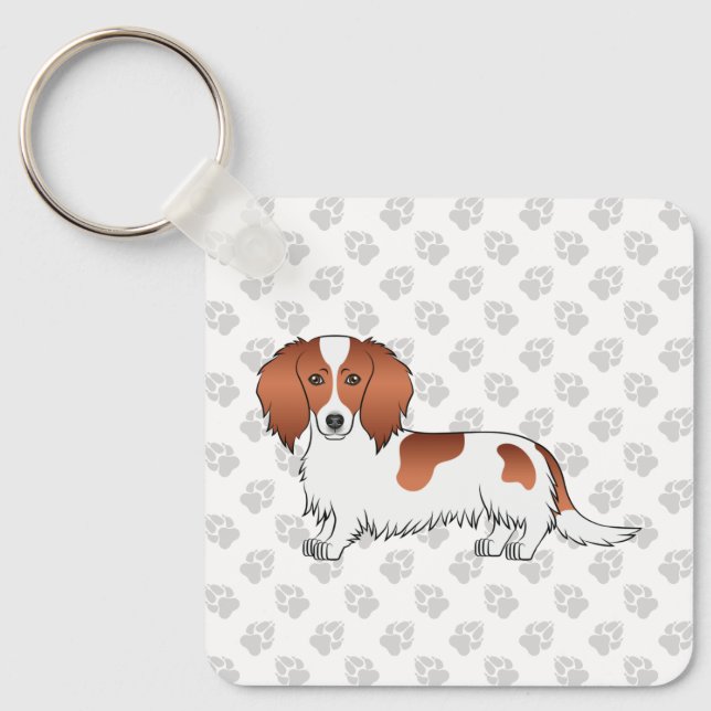 Red Piebald Long Hair Dachshund Cartoon Dog & Paws Key Ring (Front)