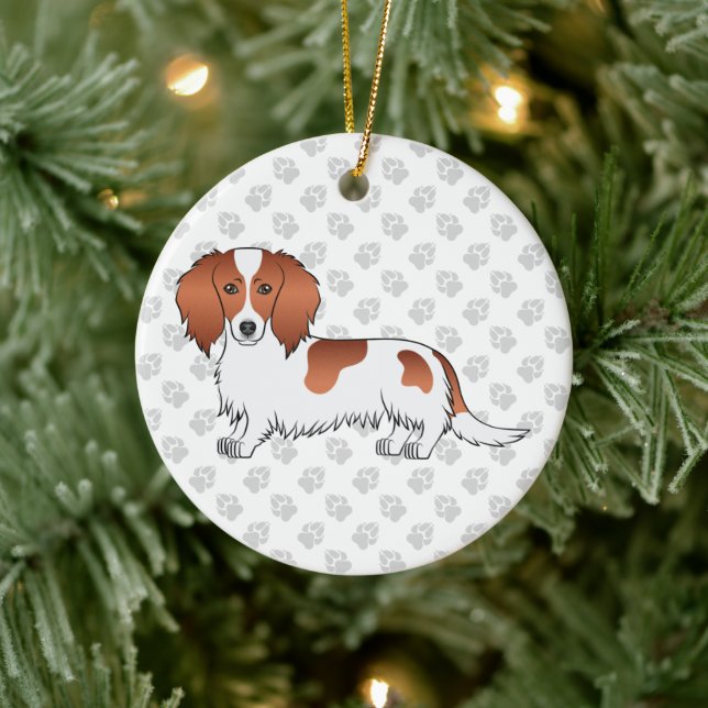 Red Piebald Long Hair Dachshund Cartoon Dog & Text Ceramic Ornament (Tree)