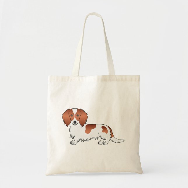 Red Piebald Long Hair Dachshund Cute Cartoon Dog Tote Bag (Front)