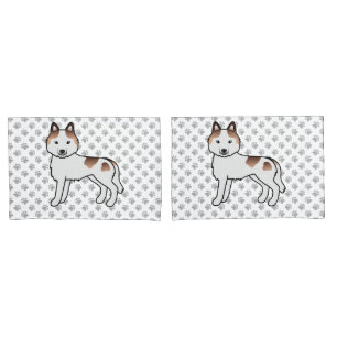 Red Piebald Siberian Husky Cartoon Dog And Paws Pillowcase