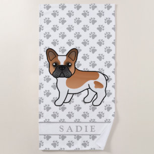 Red Pied French Bulldog Cute Cartoon Dog & Name Beach Towel