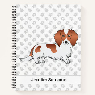 Red Pied Long Hair Dachshund Cartoon Dog & Text Notebook