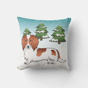 Red Pied Long Hair Dachshund Dog - Winter Forest Cushion