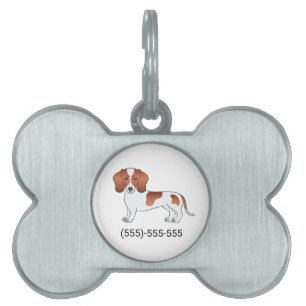 Red Pied Short Hair Dachshund Cartoon Dog & Number Pet ID Tag
