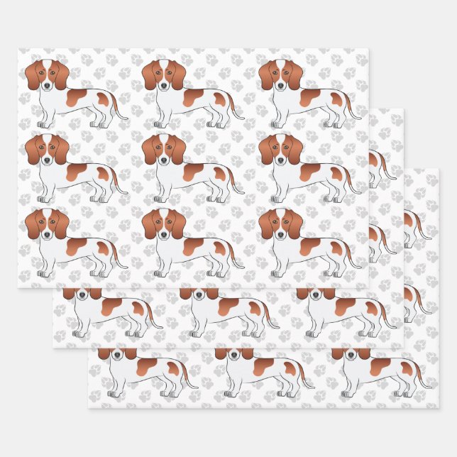 Red Pied Short Hair Dachshund Dog Pattern & Paws Wrapping Paper Sheet (Set)