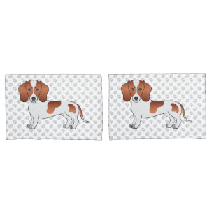 Red Pied Smooth Coat Dachshund Cartoon Dog & Paws Pillowcase