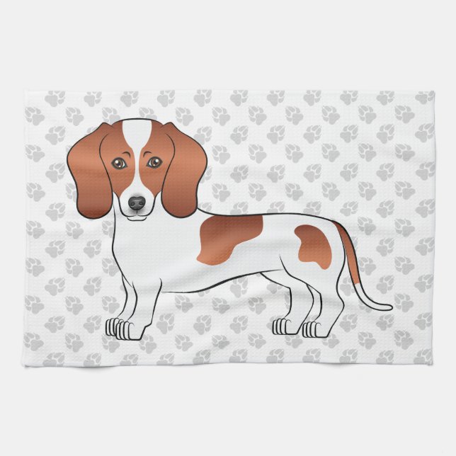 Red Pied Smooth Coat Dachshund Cartoon Dog & Paws Tea Towel (Horizontal)
