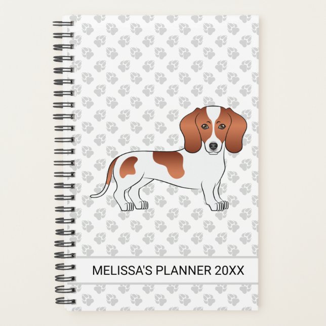 Red Pied Smooth Coat Dachshund Cartoon Dog & Text Planner (Front)