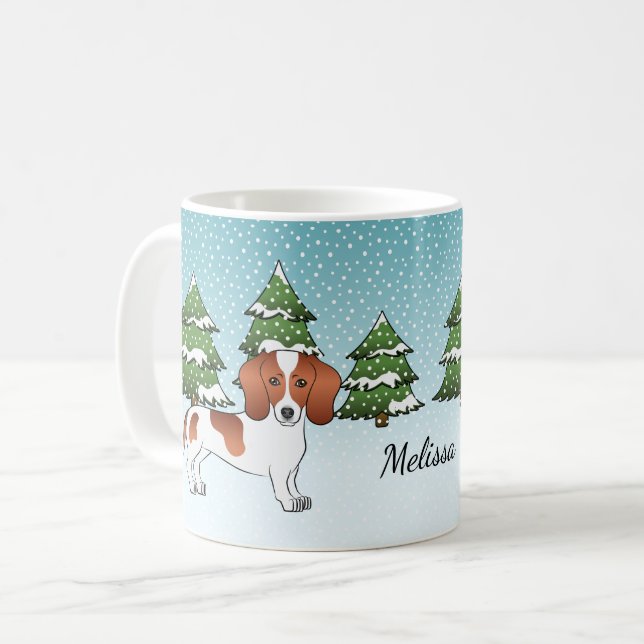 Red Pied Smooth Coat Dachshund Dog - Winter Forest Coffee Mug (Front Left)