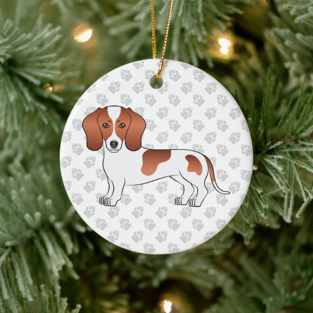 Red Pied Smooth Hair Dachshund Cartoon Dog & Text Ceramic Ornament (Tree)