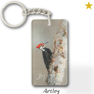 Red Pileated Woodpecker Bird Painting Initials Key Ring
