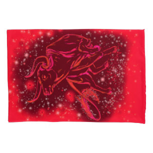 Red Pillow Case Bull Running At Starry Night