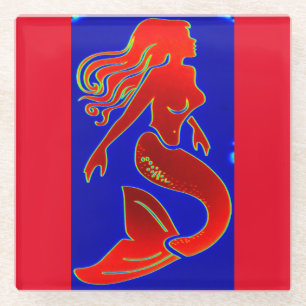 red pin-up mermaid glass coaster