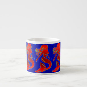 red pin-up mermaids blue espresso cup